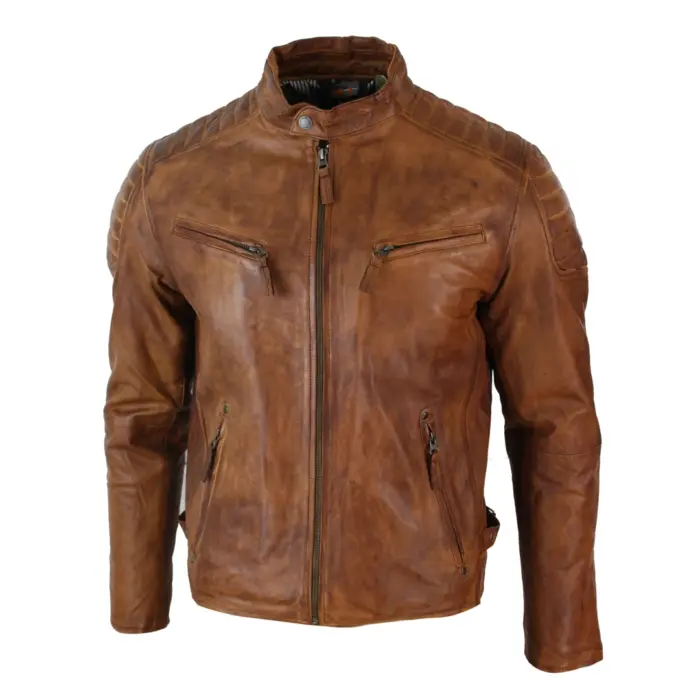 Mens Blue Grey Real Leather Designer Zipped Biker Jacket Washed Casual Vintage - Image 9