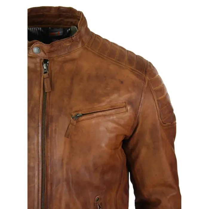Mens Blue Grey Real Leather Designer Zipped Biker Jacket Washed Casual Vintage - Image 10