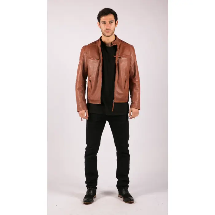 Mens Blue Grey Real Leather Designer Zipped Biker Jacket Washed Casual Vintage - Image 12