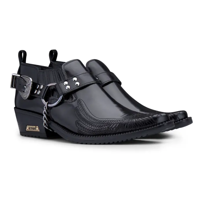 Mens Genuine Leather Western Shoes US Eagle Patent Shiny Wincklepickers Metal Chain Belt Cuban Heel Dancing Cowboy - Image 7