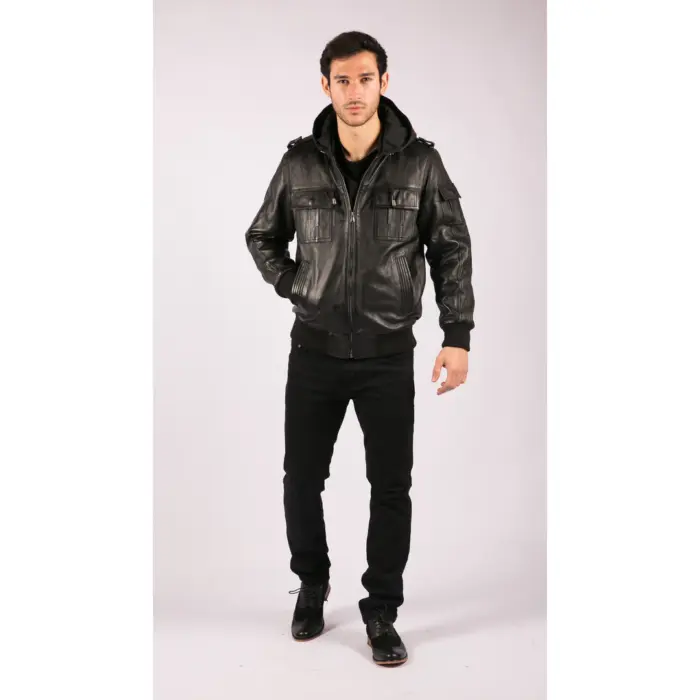Mens Slim Fit Black Hooded Real Leather Jacket - Image 2
