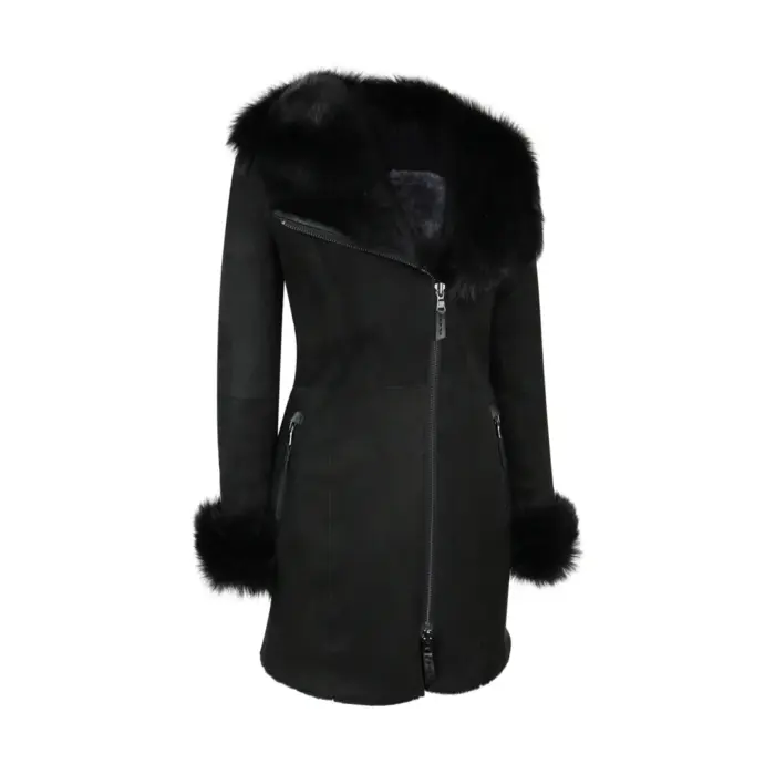 Ladies 3/4 Genuine Sheepskin Coat Black Soft Suede Outer Fitted Merino - Image 1