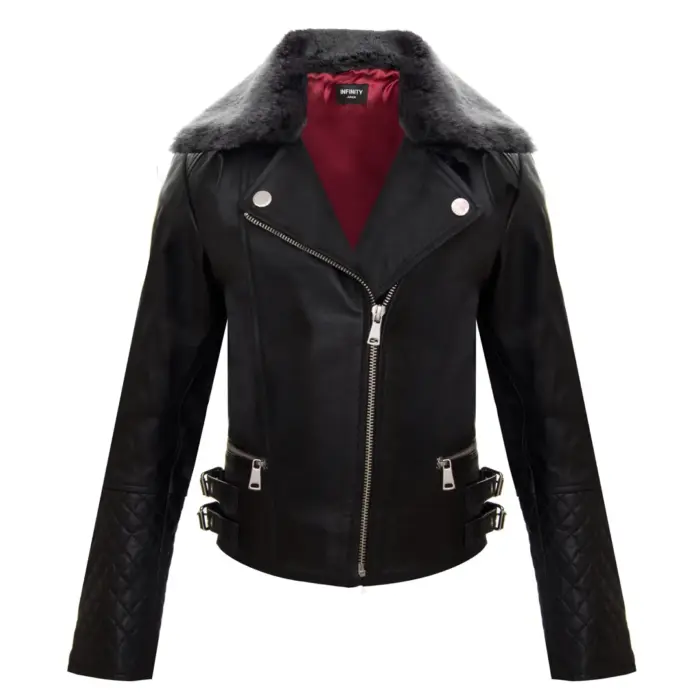 Girls Kids Real leather Biker Style Jacket Cross Zip Black Fur Collar Age 1 - 13 - Image 1