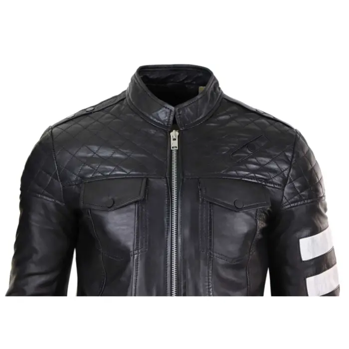 Mens Real Leather Racing Jacket Biker Zipped Casual Napa Stripes Black White - Image 4