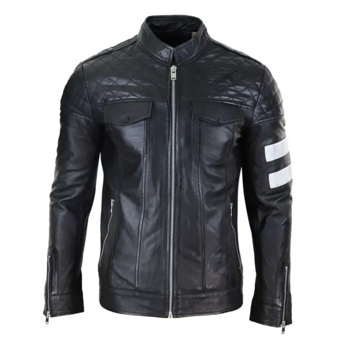 Mens Real Leather Racing Jacket Biker Zipped Casual Napa Stripes Black White - Image 1