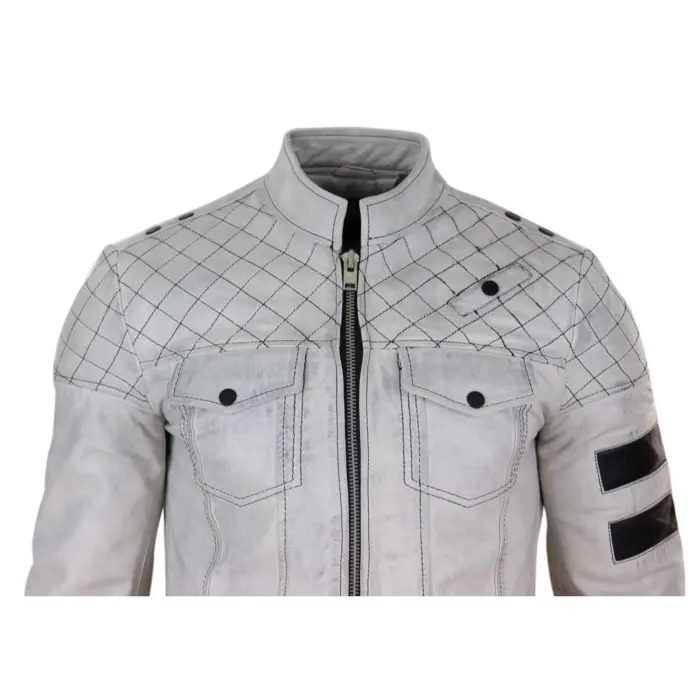 Mens Real Leather Racing Jacket Biker Zipped Casual Napa Stripes Black White - Image 8