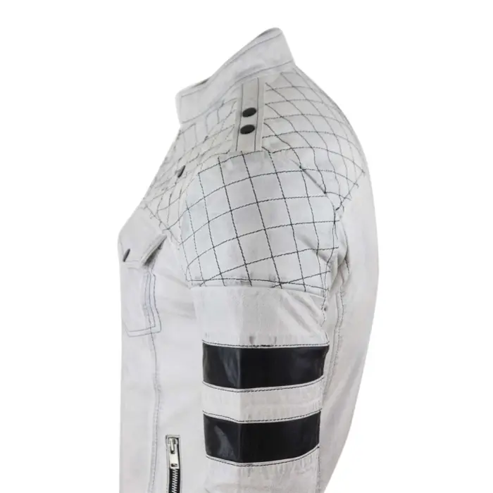 Mens Real Leather Racing Jacket Biker Zipped Casual Napa Stripes Black White - Image 9