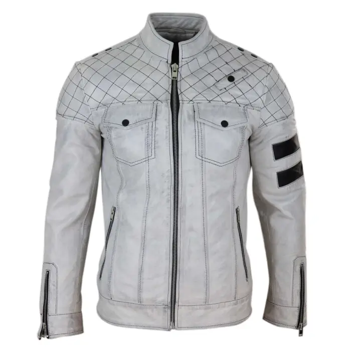 Mens Real Leather Racing Jacket Biker Zipped Casual Napa Stripes Black White - Image 6