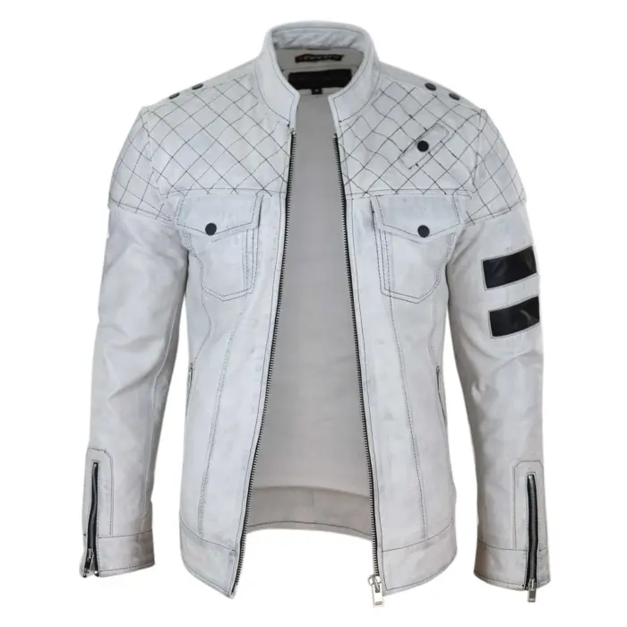 Mens Real Leather Racing Jacket Biker Zipped Casual Napa Stripes Black White - Image 10