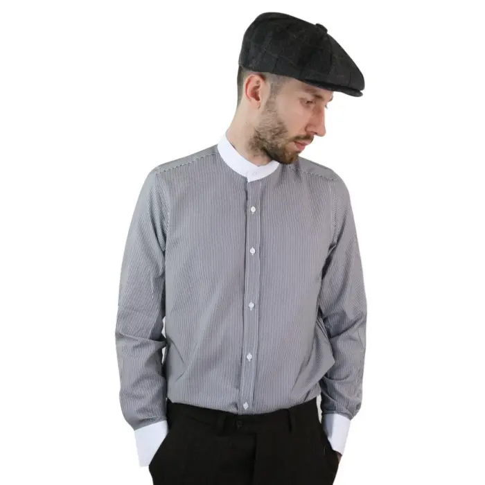 Mens Retro 1920s Shirt Vintage Classic Removable Collar Stripe Grandad Nehru Shelby Penny Button - Image 4