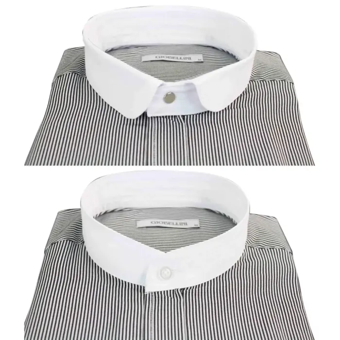 Mens Retro 1920s Shirt Vintage Classic Removable Collar Stripe Grandad Nehru Shelby Penny Button - Image 6