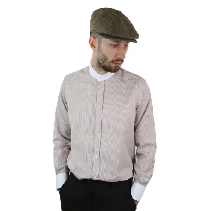 Mens Retro 1920s Shirt Vintage Classic Removable Collar Stripe Grandad Nehru Shelby Penny Button - Image 1