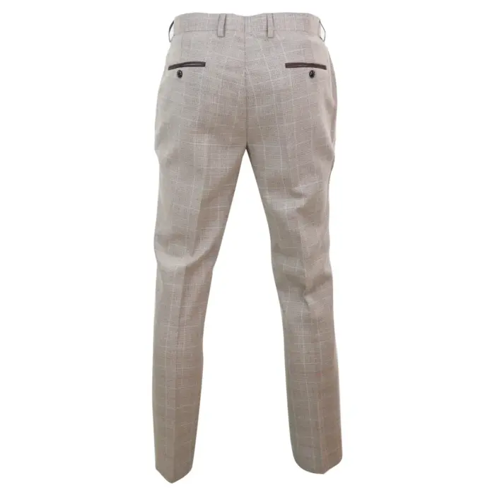 Mens Check Tweed Beige Brown Trousers Wedding Prom Vintage Retro Classic - Image 4