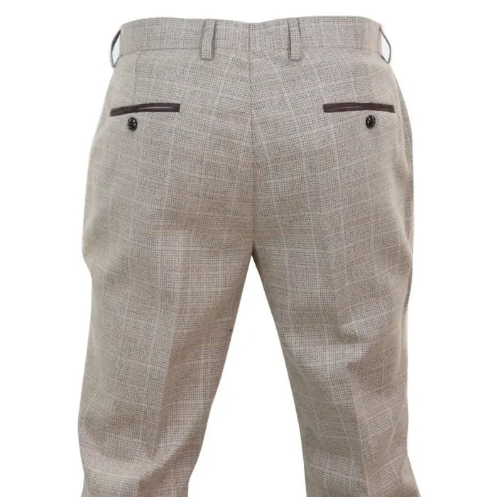 Mens Check Tweed Beige Brown Trousers Wedding Prom Vintage Retro Classic - Image 3