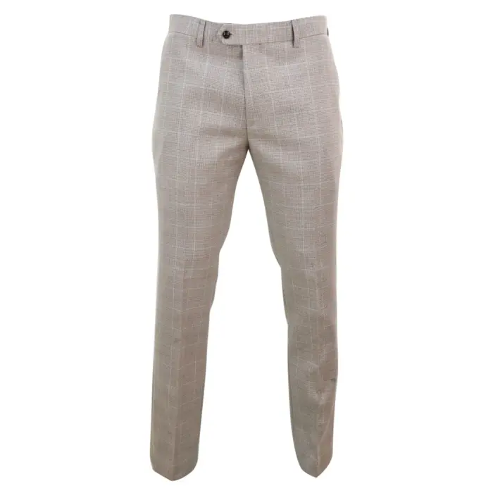 Mens Check Tweed Beige Brown Trousers Wedding Prom Vintage Retro Classic - Image 1