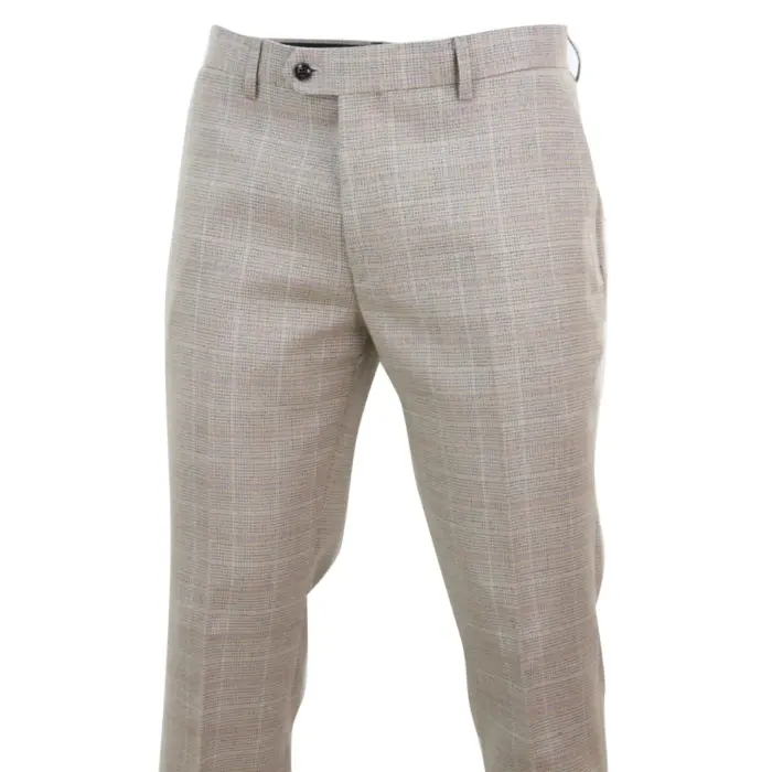 Mens Check Tweed Beige Brown Trousers Wedding Prom Vintage Retro Classic - Image 2