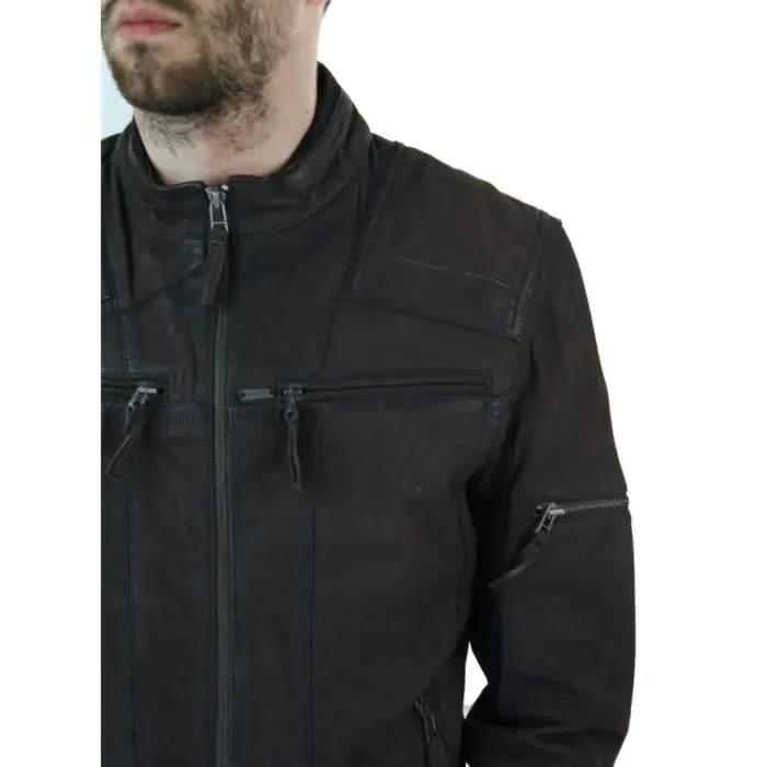 Mens Biker Motorcycle Vintage Distressed Brown Zip Short Leather Jacket Suede - Image 2