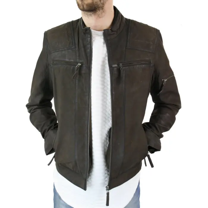 Mens Biker Motorcycle Vintage Distressed Brown Zip Short Leather Jacket Suede - Image 3