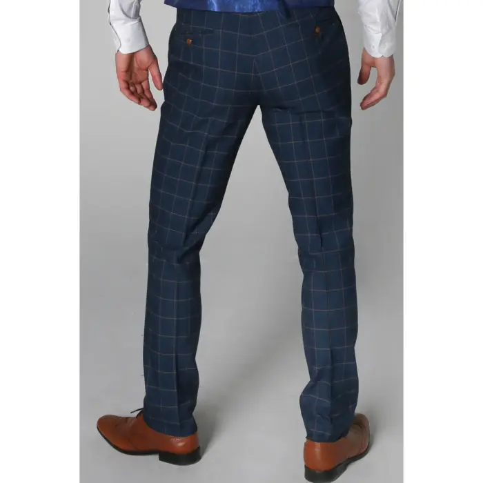 Mens Trousers Blue Orange Check Suit Retro Smart Tailored Fit Vintage - Image 2