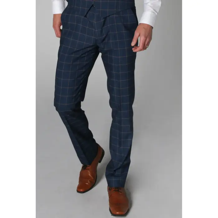 Mens Trousers Blue Orange Check Suit Retro Smart Tailored Fit Vintage - Image 1