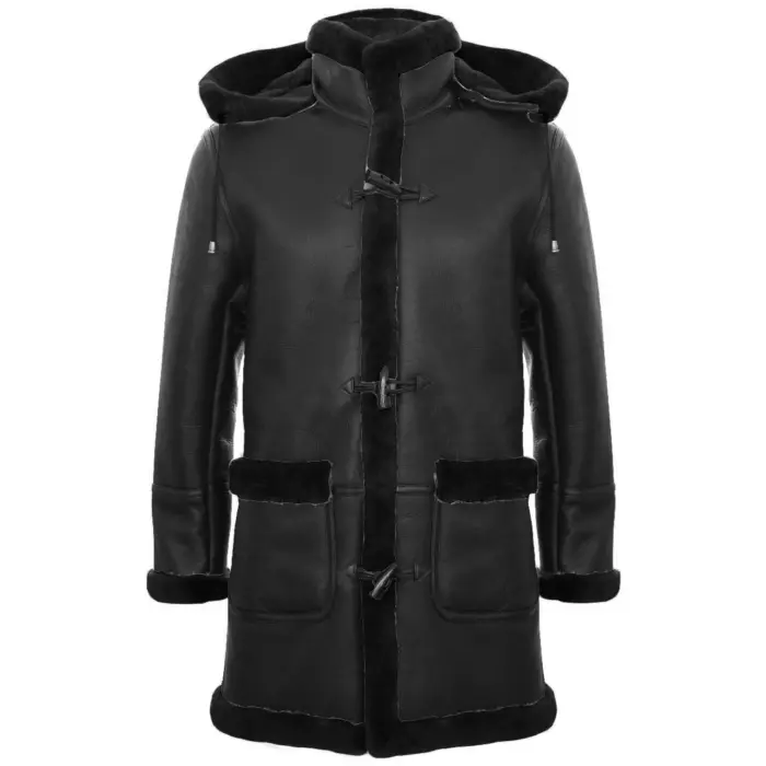 Mens Genuine Shearling Sheepskin Duffle Coat WW2 UK Winter 3/4 Leather Hood - Image 1