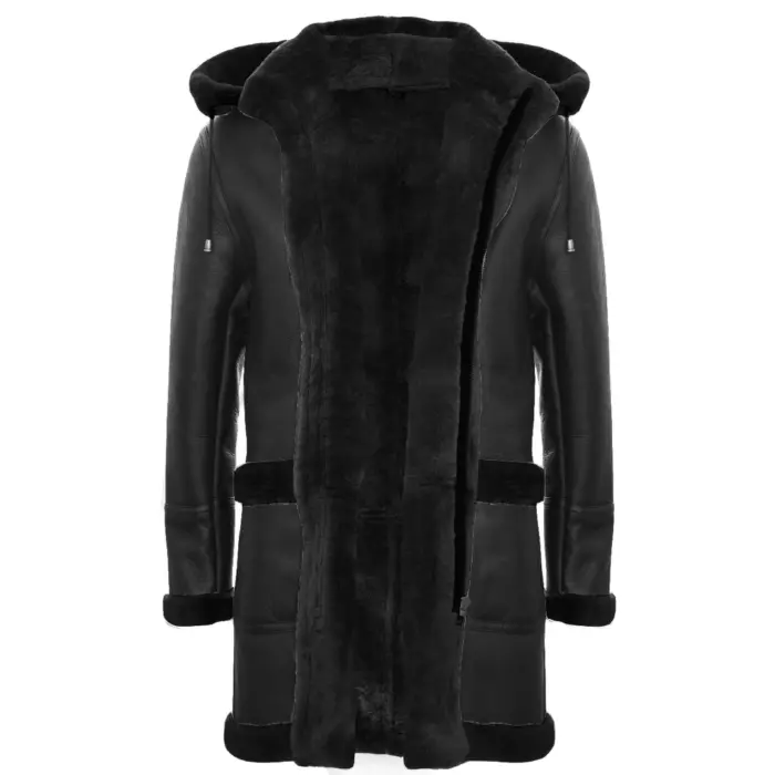 Mens Genuine Shearling Sheepskin Duffle Coat WW2 UK Winter 3/4 Leather Hood - Image 7