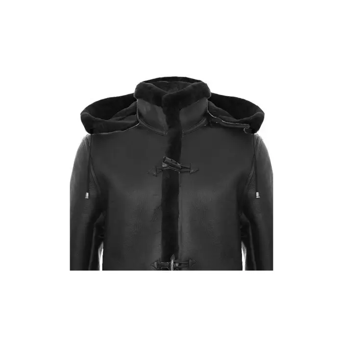 Mens Genuine Shearling Sheepskin Duffle Coat WW2 UK Winter 3/4 Leather Hood - Image 4
