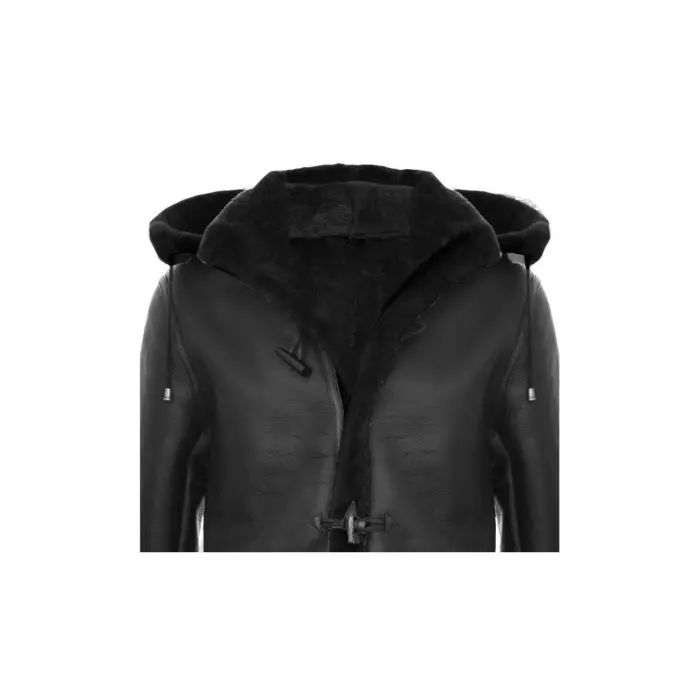 Mens Genuine Shearling Sheepskin Duffle Coat WW2 UK Winter 3/4 Leather Hood - Image 3