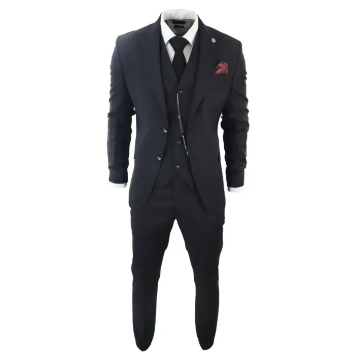 Mens Classic 3 Piece Suit Black Pocket Chain Wedding Tailored Fit Vintage Formal - Image 4