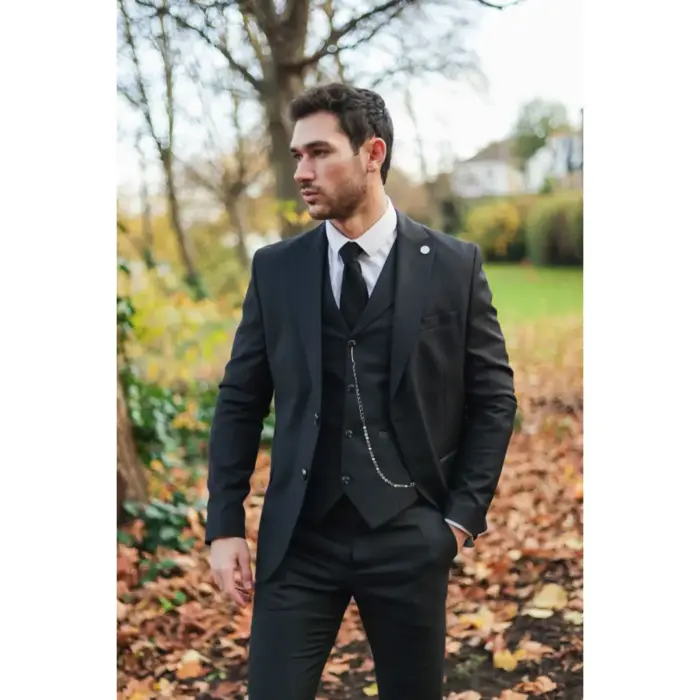 Mens Classic 3 Piece Suit Black Pocket Chain Wedding Tailored Fit Vintage Formal - Image 2