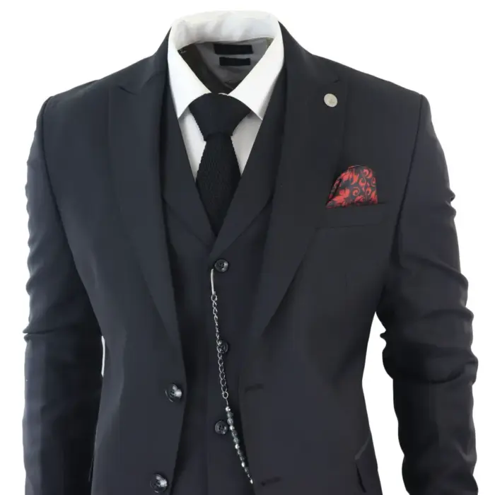 Mens Classic 3 Piece Suit Black Pocket Chain Wedding Tailored Fit Vintage Formal - Image 5