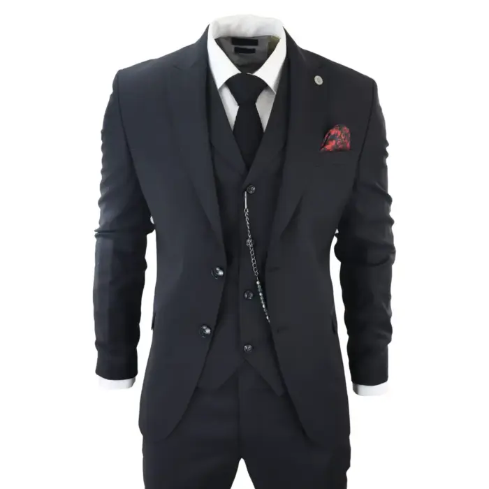 Mens Classic 3 Piece Suit Black Pocket Chain Wedding Tailored Fit Vintage Formal - Image 1