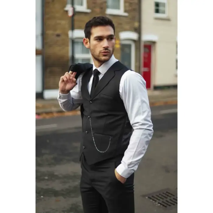 Mens Classic 3 Piece Suit Black Pocket Chain Wedding Tailored Fit Vintage Formal - Image 3