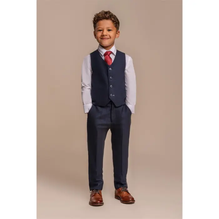 Boys 3 Piece Navy Check Suit Tweed Tailored Fit Wedding - Image 2