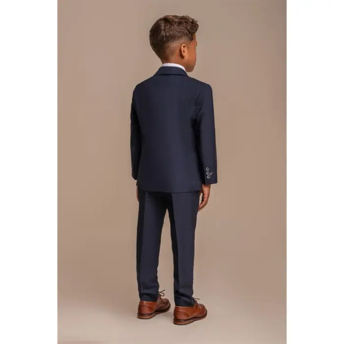 Boys 3 Piece Navy Check Suit Tweed Tailored Fit Wedding - Image 5