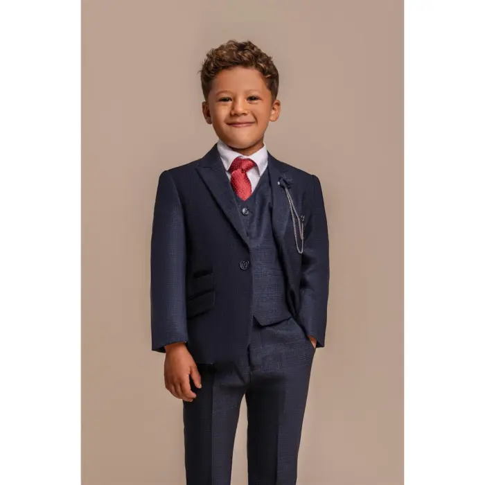 Boys 3 Piece Navy Check Suit Tweed Tailored Fit Wedding - Image 1