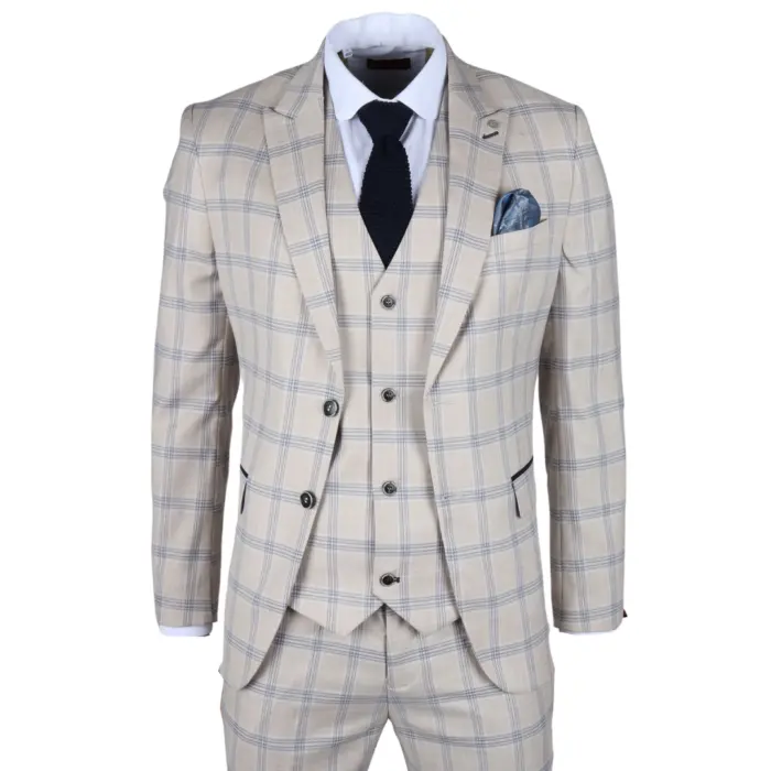 Men's Blazer Beige Checked Classic Sport Coat Plaid Tailored Fit - Image 2