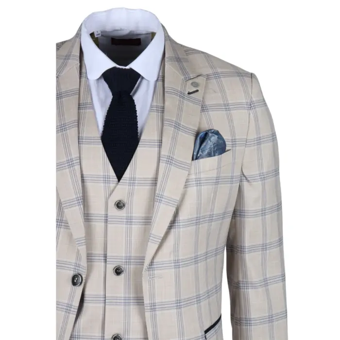 Men's Blazer Beige Checked Classic Sport Coat Plaid Tailored Fit - Image 5