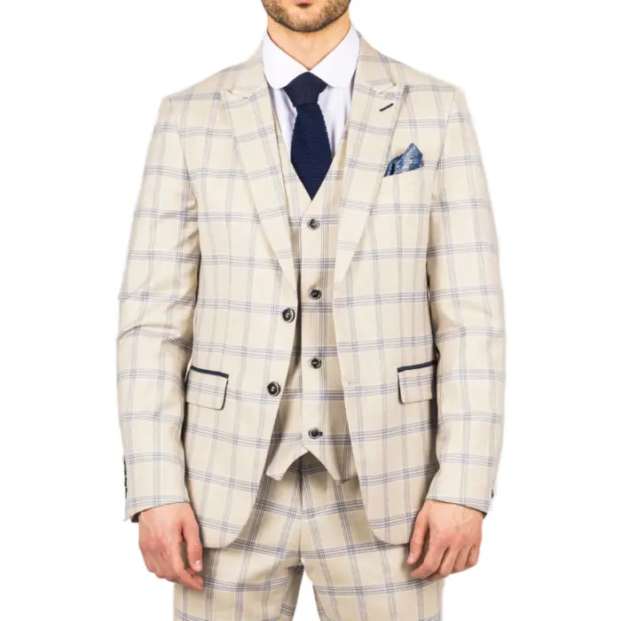 Men's Blazer Beige Checked Classic Sport Coat Plaid Tailored Fit - Image 1