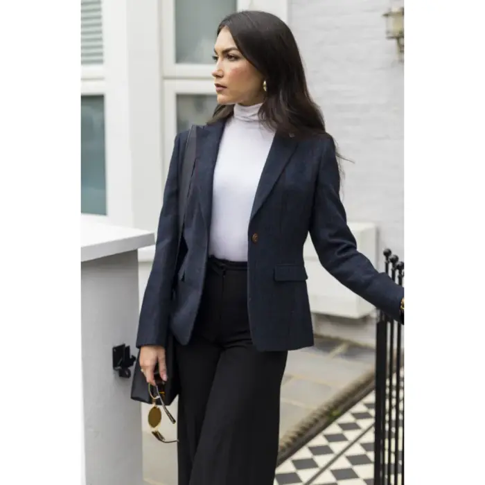 Women's Blazer Tweed Herringbone Checkered Tailored Fit Jacket - Image 2