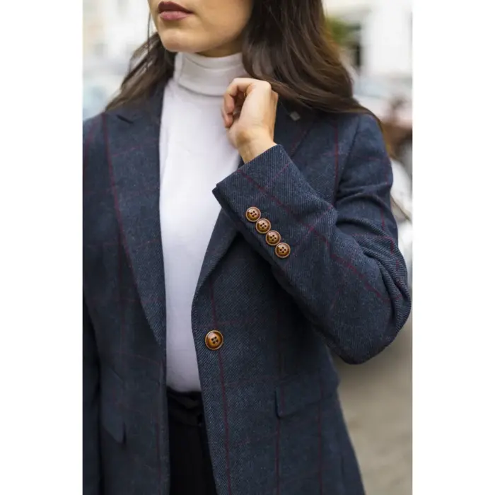Women's Blazer Tweed Herringbone Checkered Tailored Fit Jacket - Image 3
