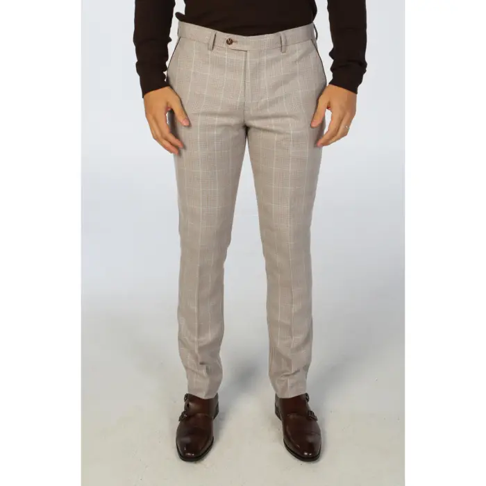 Men's Trousers Beige Checked Formal Suit Pants - Image 1