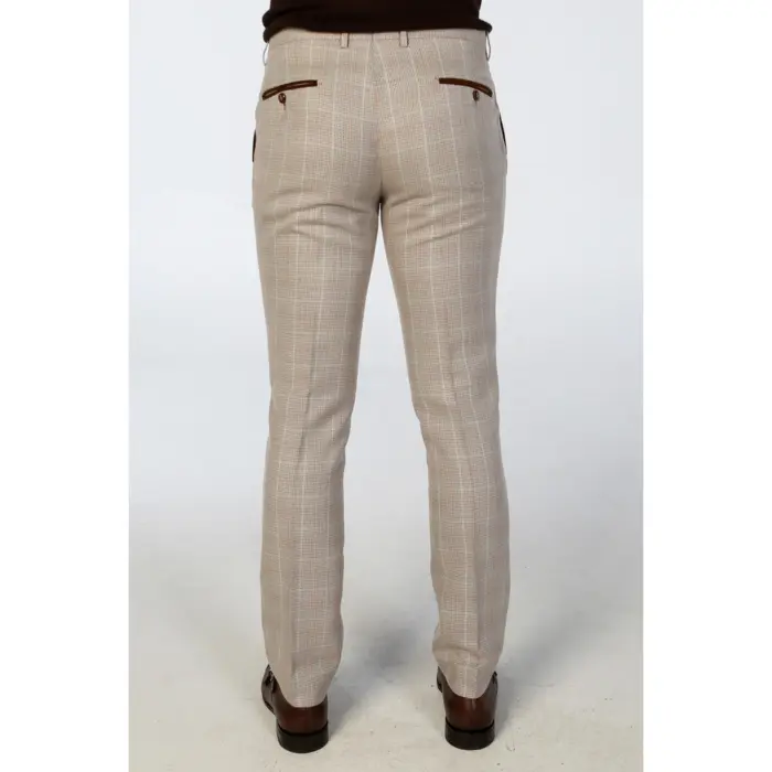Men's Trousers Beige Checked Formal Suit Pants - Image 2