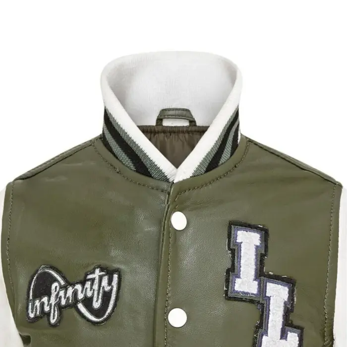 Kids Olive Green Genuine Leather Bomber Jacket Baseball Letterman Coat - Image 3