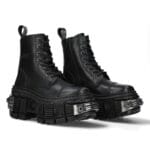 New Rock Boots WALL083C-S4 Unisex Metallic Schwarze Leder Plateau Gothic Stiefel - Knighthood Store