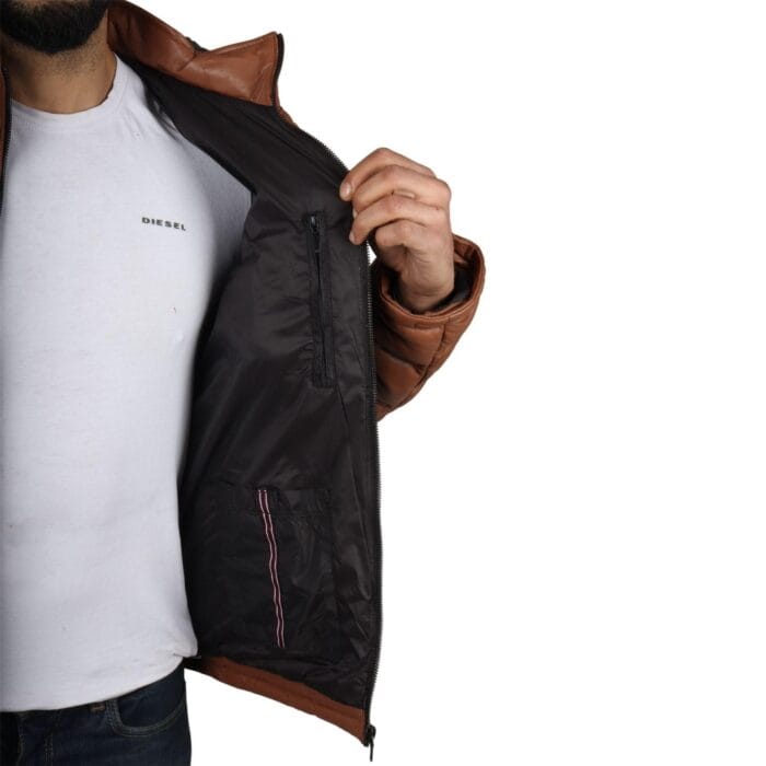 Men's Puffer Quilted Real Leather Jacket Hooded Casual - Knighthood Store