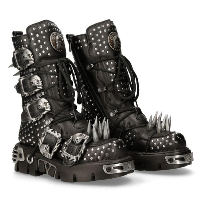 New Rock 1535-S1 Schwarze Militärstiefel aus Leder mit Metallspikes und Schnallen, Punk, EMO - Knighthood Store