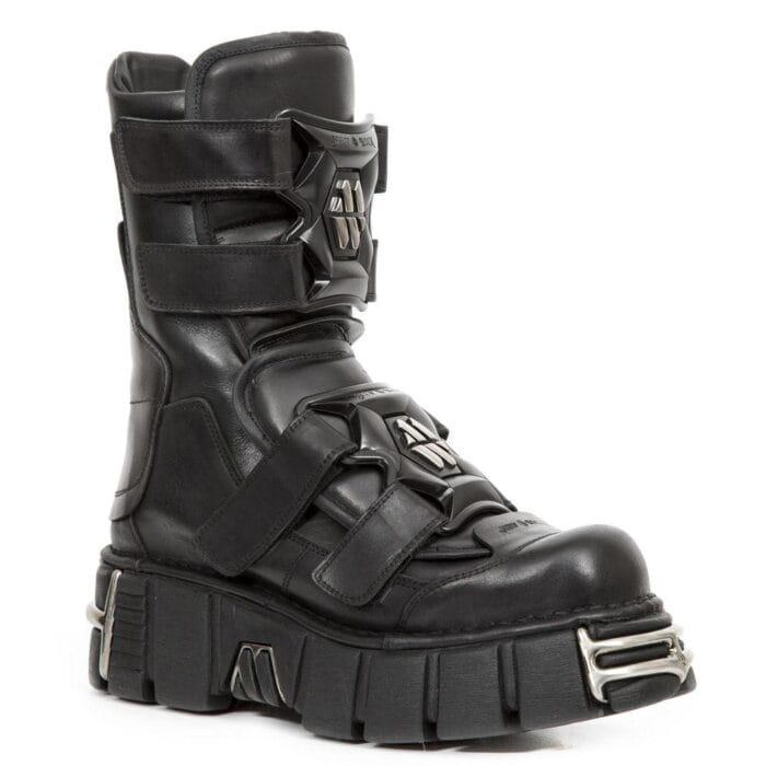 New Rock Boots M-422-S1 Unisex Metallic Schwarze Leder Plateau Gothic Stiefel - Knighthood Store