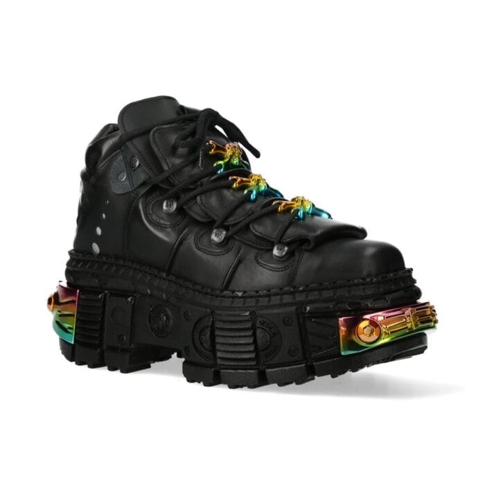 New Rock Boots WALL106-S23 Unisex Metallic Schwarze Leder Plateau Gothic Stiefel - Knighthood Store