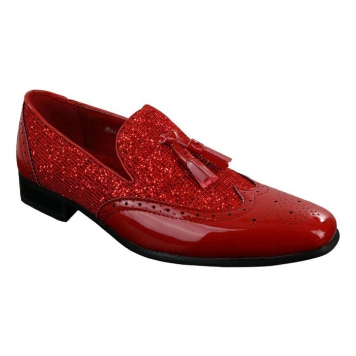 Mens Smart Party Shiny Tassle Shoes Red Silver Black Gold Slip On Patent Leather - Knighthood Store